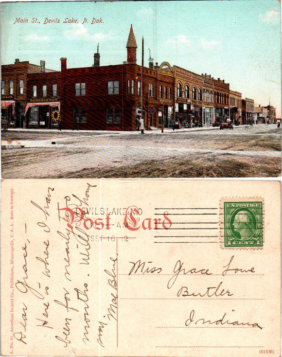 Postcard 1912 Devils Lake ND to Butler IN $$ 383889 ISH