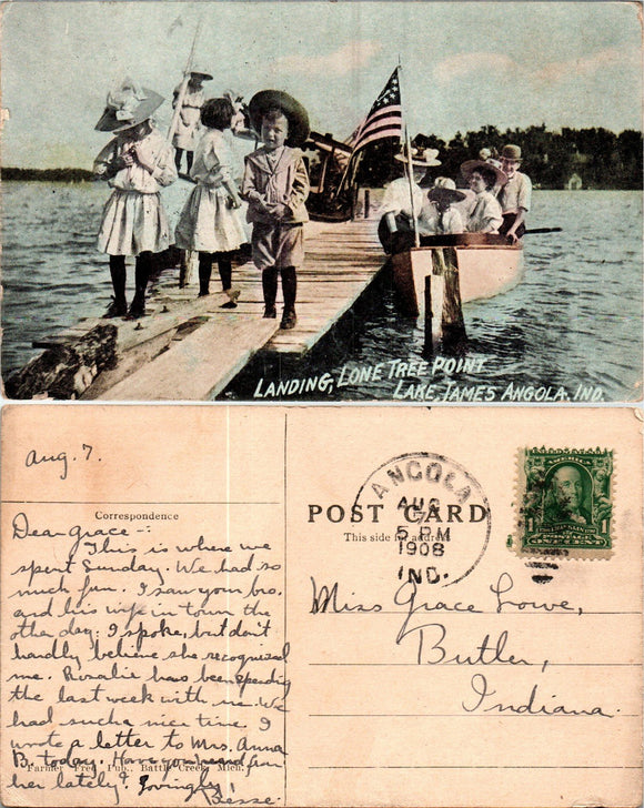 Postcard 1908 Boat Dock at Angola to Butler IN $$ 383890 ISH