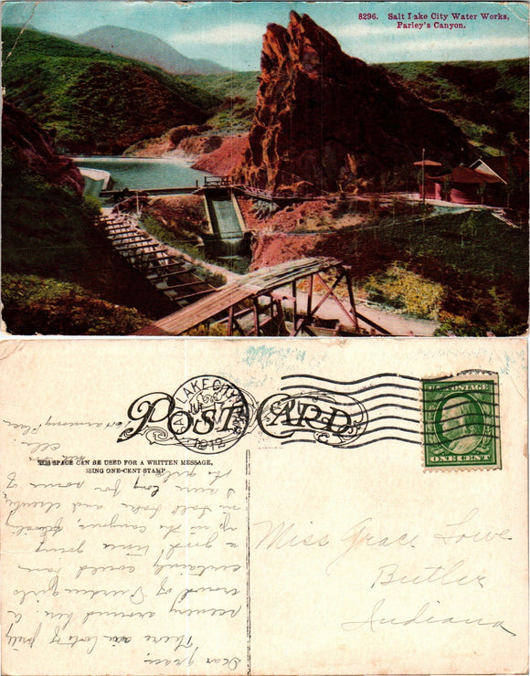 Postcard 1912 Salt Lake City Water Works to Butler IN $$ 383891 ISH