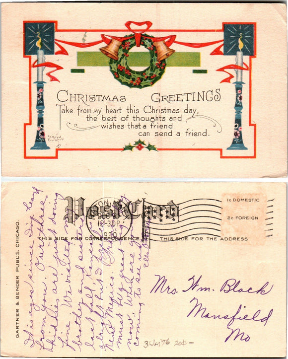 Postcard AS 1920 Christmas NM to Mansfield MO $$ 383932 ISH
