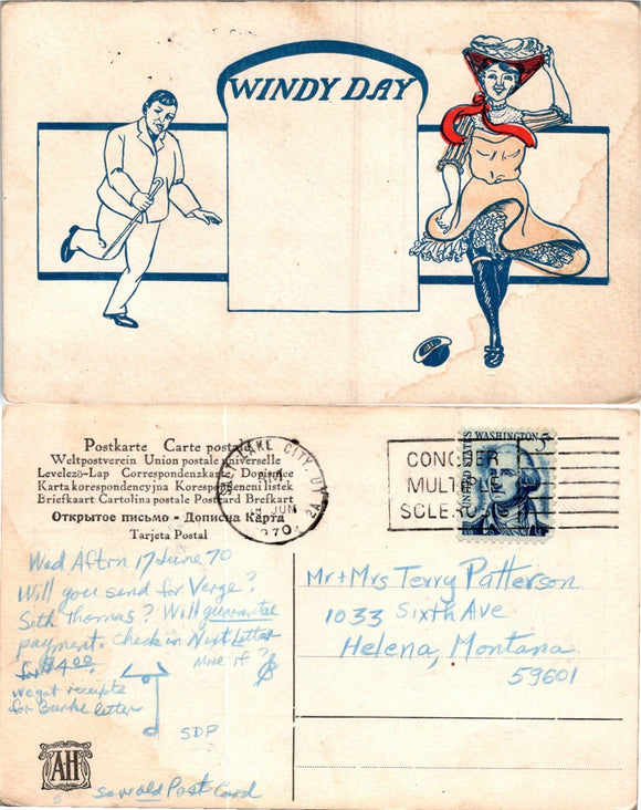Postcard 1970 Humorous Windy Day Salt Lake City UT to Helena MT $$ 383941 ISH