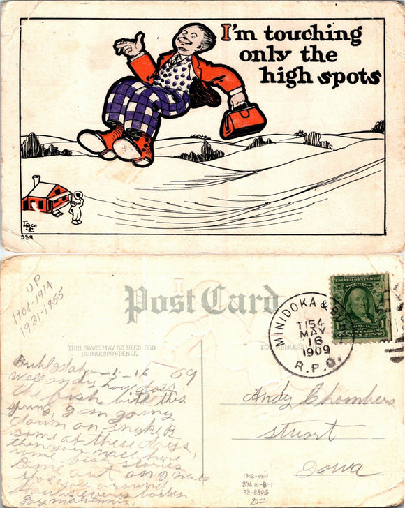 Postcard 1909 Humor Minidoka & Buhl RPO to Stuart IO $$ 383948 ISH