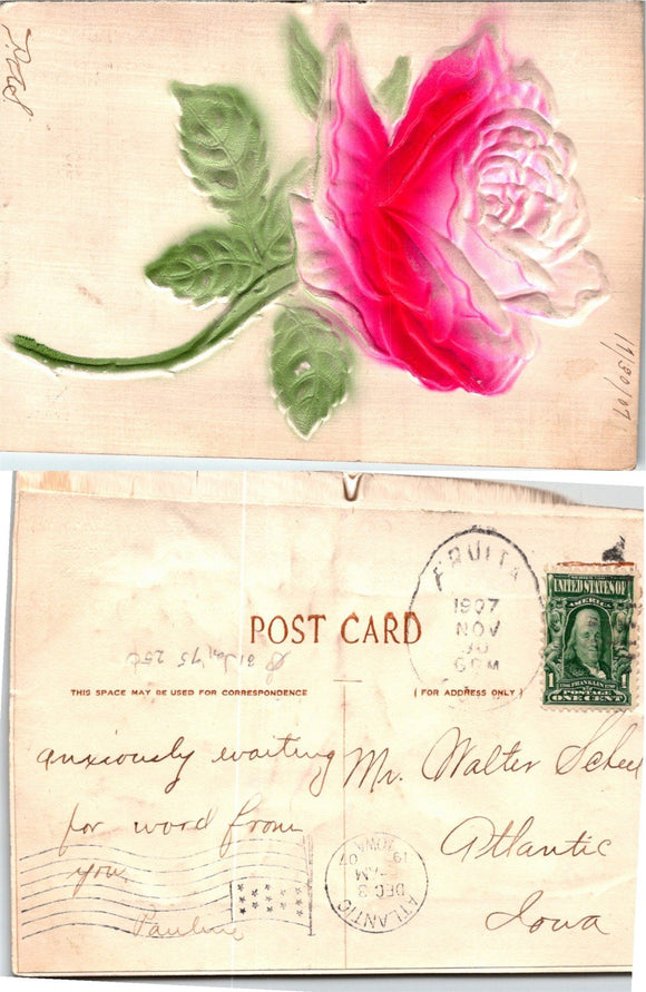 Postcard 1907 EMBOSSED Rose to Atlantic IO $$ 383950 ISH