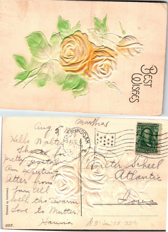 Postcard 1908 Best Wishes Flowers EMBOSSED Atlantic IO $$ 383952 ISH