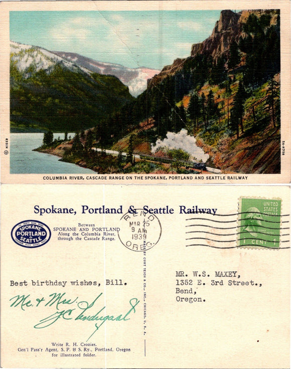 Postcard 1939 Portland & Seattle RWY Reno to Bend OR $$ 383963 ISH