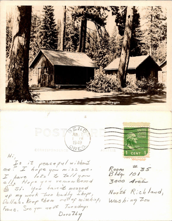 Postcard RP 1949 Suttle Lake Cabins Bend OR to Richland WA $$ 383966 ISH