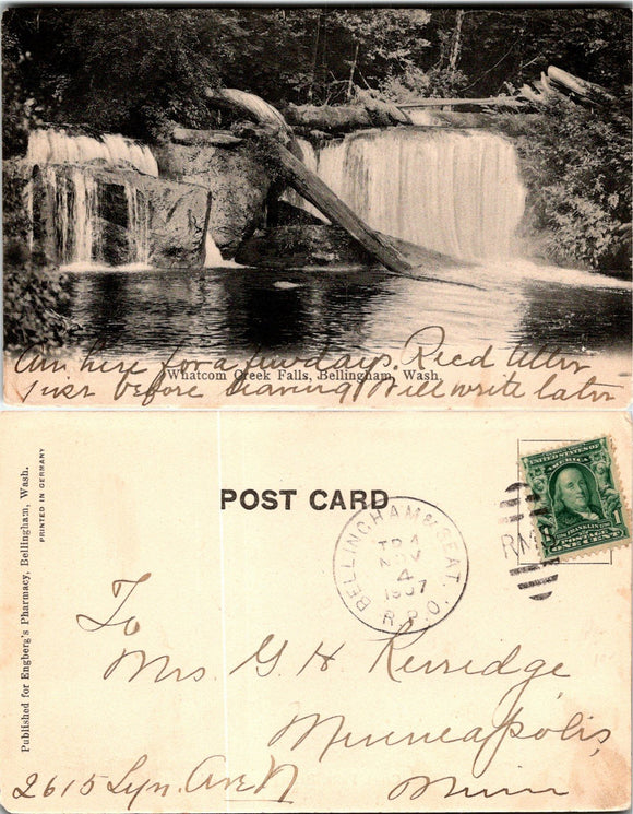 Postcard UB RPO 1907 Whatcom Creek Bellingham & Seat to MN $$ 383968 ISH
