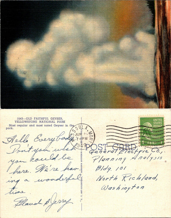 Postcard 1949 Yellowstone National Park to N. Richland WA $$ 383994 ISH