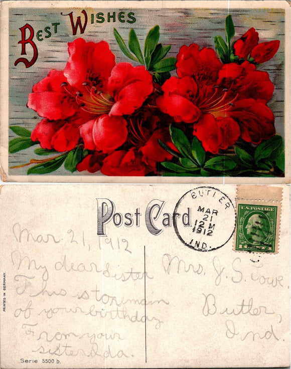 Postcard 1912 Best Wishes Flowers to/from Butler IN $$ 384001 ISH