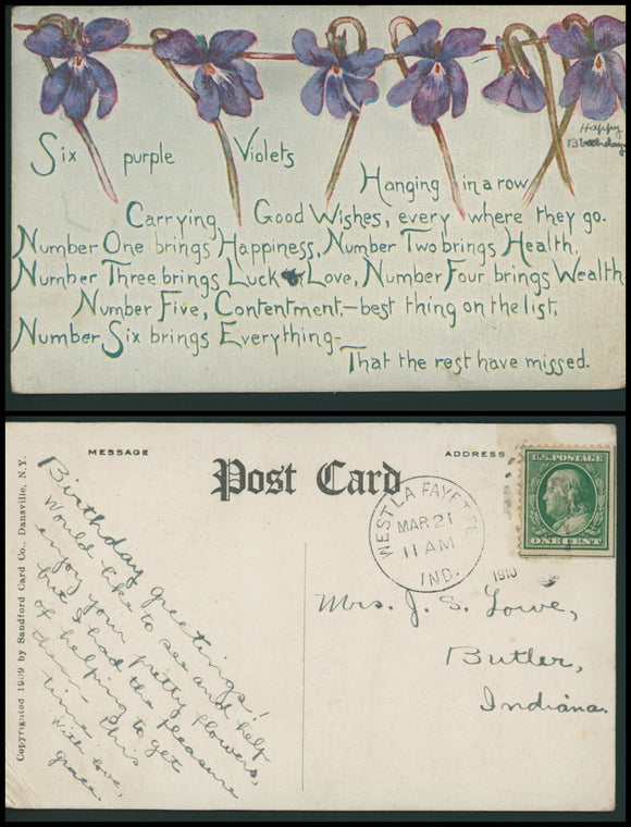 Postcard 1910 Floral Birthday Wishes W. Lafayette to Butler IN $$ 384002 ISH