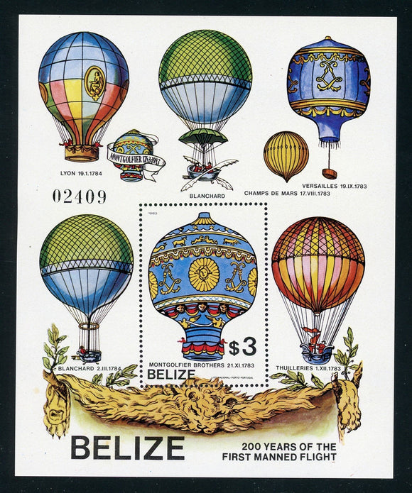 Belize Scott #679 MNH S/S 1st Manned Flight 200th ANN CV$37+ 384312