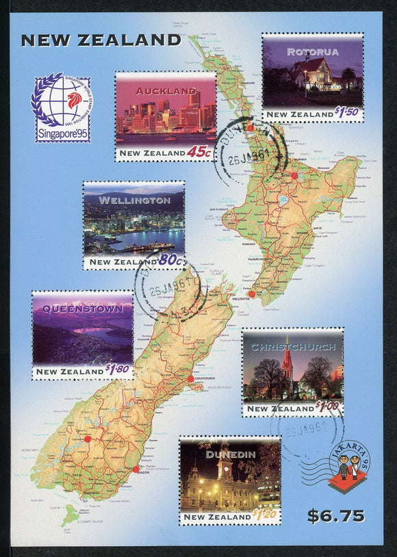 New Zealand Scott #1254a Used S/S NZ Cities Singapore '95 Stamp EXPO CV$25+
