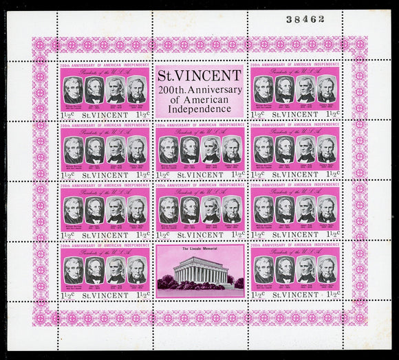 St. Vincent Scott #437 SHEET 200th ANN of American Independence 1.5c CV$2+