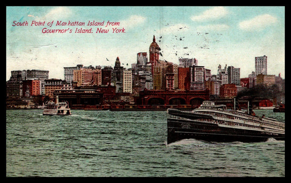 Postcard 1911 Lower Manhattan from Governor's Island to Ruffsdale PA $$ 395350
