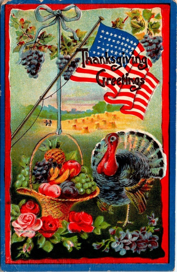 Postcard VINTAGE American Flag Thanksgiving Turkey unaddressed $$ 395397