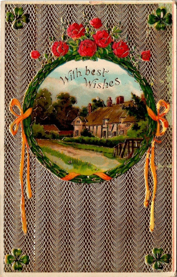 Postcard 1912 Best Wishes Shamrocks Thatched Cottage to Turtle Lake WI $$ 395411