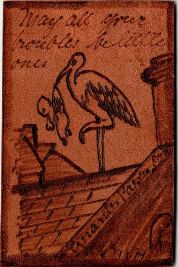Postcard LEATHER 1905 Stork and Baby Grand Pass to Albany OR $$ 395413