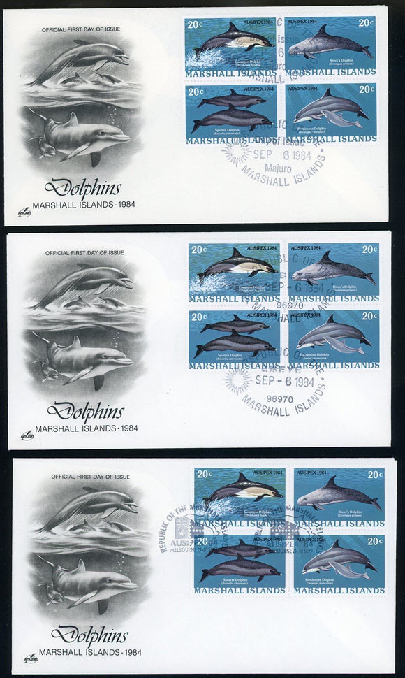 Marshall Islands Scott #57a FIRST DAY COVERS (3) Dolphin BLOCKS $$ 414125