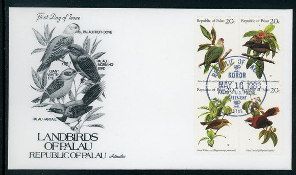 Palau Scott #8a FIRST DAY COVER BLOCK of 4 Land Birds of Palau $$ 414177