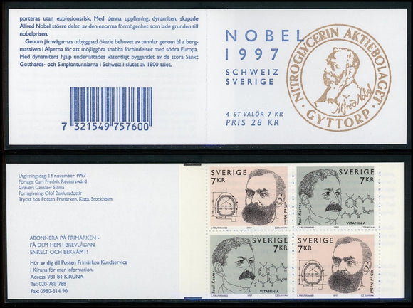 Sweden Scott #2255a MNH BKLT Alfred Nobel Paul Karrer CV$10+ 423959