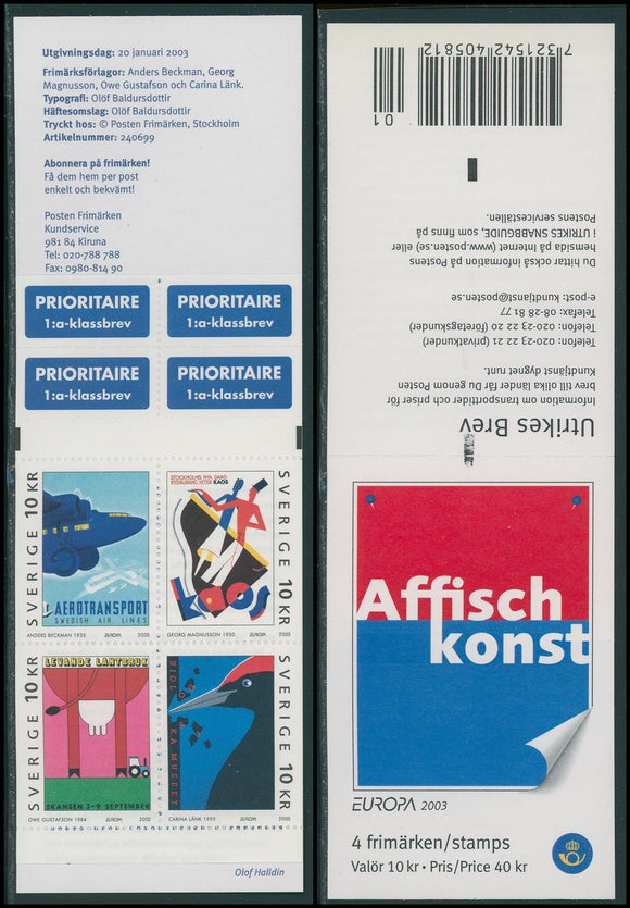 Sweden Scott #2453 MNH BKLT Europa 2003 Poster Art CV$11+ 424027