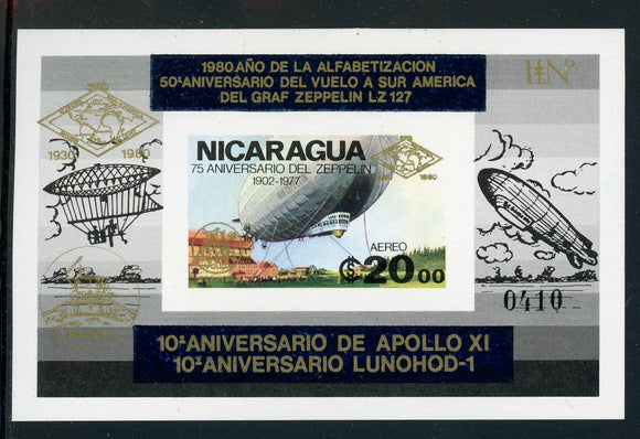 Nicaragua MNH MI BLK #131Bb ZEPPELIN APOLLO LUNOHOD Gold IMPERF $$$ 426285