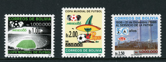 Bolivia Scott #1257-1259 MNH SCHGS on 1986 issues Soccer CV$3+ 430004