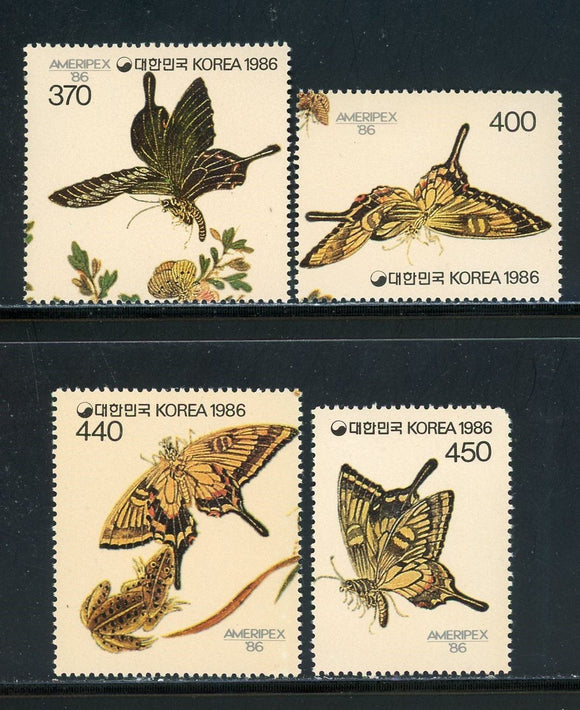 Korea Scott #1467b-e MNH AMERIPEX '86 Stamp EXPO Butterflies CV$11+ 430407