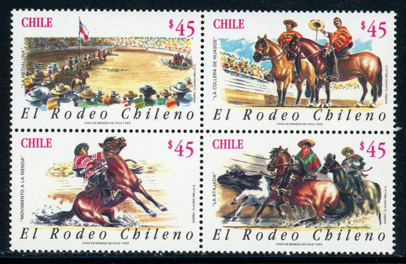 CHILE MNH: Scott #926 Chilean Rodeo Bulls Horses 1990 Block of 4 $$