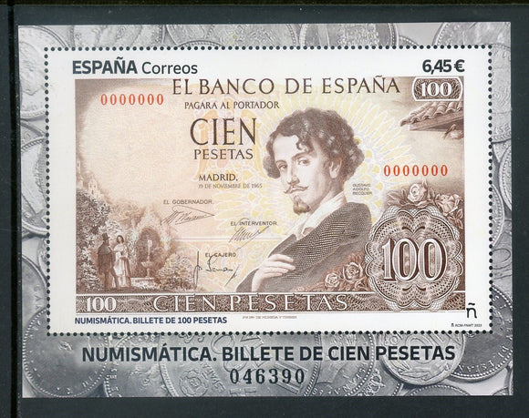 Spain 2023 MNH S/S Numismatics 100 Pesetas Banknote $$ 434784