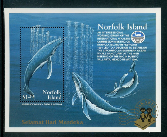 Norfolk Island Scott #576a MNH S/S Humpback Whales JAKARTA '95 ovpt CV$7+ 435056