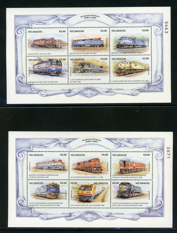 Nicaragua Scott #2285-2286 MNH SHEETS of 6 Trains of the World CV$24+ 435069