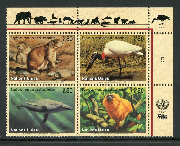 UN-Geneva Scott #249a MNH BLOCK Endangered Species Animals FAUNA CV$4+ 439347