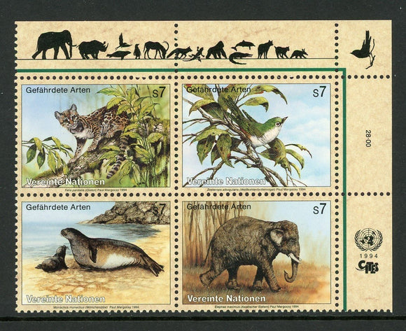 UN-Vienna Scott #165a MNH BLOCK Endangered Species Animals FAUNA CV$4+ 439348