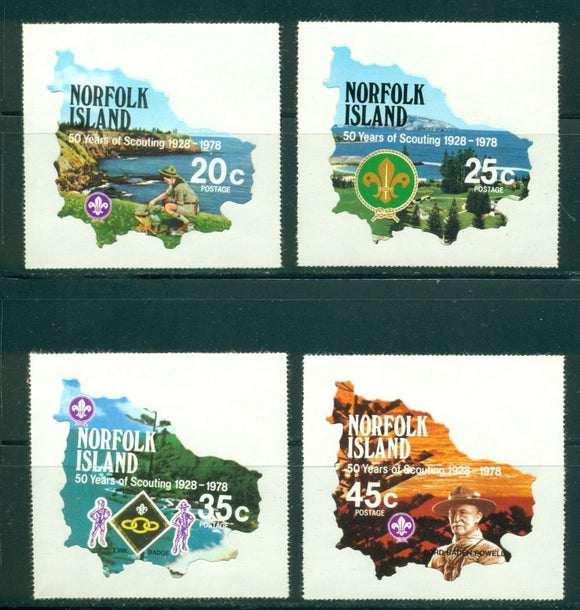 Norfolk Island Scott #231-234 Self-Adhesive 50 Years of Scouting Map Shaped $$